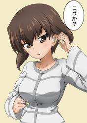Rule 34 | 10s, 1girl, adjusting hair, blush, brown eyes, brown hair, casual, commentary, ear protection, earbuds, earphones, girls und panzer, grey shirt, head tilt, holding, kanau, long sleeves, looking at viewer, nishizumi maho, parted lips, shirt, short hair, simple background, solo, standing, striped clothes, striped shirt, upper body, yellow background