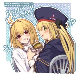 Rule 34 | 2girls, arcueid brunestud, artoria caster (fate), artoria caster (second ascension) (fate), artoria pendragon (fate), beret, blonde hair, blue cape, blue headwear, blush, breasts, burger, cape, dress, eating, fate/grand order, fate (series), food, green eyes, hat, highres, hood, hooded cape, large breasts, long hair, long sleeves, looking at viewer, mitsurugi sugar, multiple girls, red eyes, short hair, small breasts, sweater, tsukihime, turtleneck, turtleneck sweater, twintails, white dress, white sweater