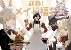 Rule 34 | 1boy, 3girls, alternate costume, animal ears, apron, artoria pendragon (alter swimsuit rider) (fate), artoria pendragon (fate), bento, black hair, blonde hair, blue eyes, burger, constantine xi (fate), crossdressing, earrings, eating, enmaided, fate/grand order, fate (series), food, french fries, full mouth, glasses, hand on own hip, holy grail (fate), jewelry, ladle, laughing, m t 1, maid, maid apron, maid headdress, multiple girls, one eye closed, rabbit ears, reines el-melloi archisorte, thumbs up, trimmau (fate), yellow eyes