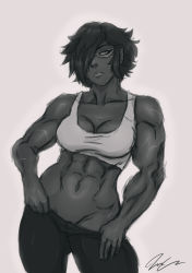 Rule 34 | 1girl, abs, bad id, bad tumblr id, borrowed character, breasts, cleavage, clothes pull, contrapposto, dark-skinned female, dark skin, glasses, greyscale, groin, hair over one eye, highres, hilda stervins, midriff, monochrome, muscular, muscular female, navel, no panties, original, pants, pants pull, ponpu (pumpkinsinclair), pulling own clothes, scar, semi-rimless eyewear, short hair, signature, solo, sports bra, standing, thick thighs, thighs, under-rim eyewear, undressing