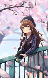 Rule 34 | 1girl, absurdres, against railing, almico, aqua eyes, bad id, bad pixiv id, beret, blue skirt, brooch, brown hair, camera, cherry blossoms, closed mouth, cowboy shot, grey skirt, hat, highres, jewelry, light smile, long hair, long sleeves, original, pleated skirt, railing, single-lens reflex camera, skirt, solo, spring (season)