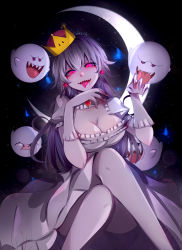 Rule 34 | 1girl, 4others, absurdres, blood, blood on face, blush, boo (mario), breasts, cleavage, colored skin, commission, convenient leg, crescent moon, crossed legs, dress, earrings, facing viewer, ghost, gloves, highres, jewelry, large breasts, likesac, looking at viewer, luigi&#039;s mansion, mario (series), moon, multiple others, necklace, nintendo, princess king boo, red eyes, sharp teeth, smile, sphere earrings, star (sky), super crown, teeth, white dress, white gloves, white hair, white skin, yandere