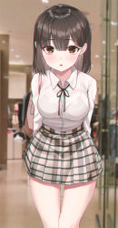 Rule 34 | 1girl, bag, black hair, blurry, breasts, collared shirt, depth of field, earrings, high-waist skirt, highres, indoors, jewelry, looking at viewer, mall, medium breasts, michelan, miniskirt, open mouth, original, plaid, plaid skirt, pleated skirt, red eyes, shirt, shirt tucked in, short hair, shoulder bag, skirt, solo, standing, thighs, white shirt