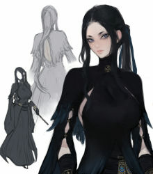 Rule 34 | 1girl, black dress, black gloves, black hair, blue eyes, breasts, capelet, dress, gloves, large breasts, lips, long dress, long hair, multiple views, nat the lich, original, ponytail, redrawn, revision, sidelocks, simple background, white background