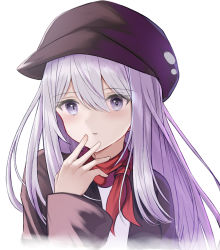 Rule 34 | 1girl, black hat, black jacket, cabbie hat, commentary, cropped torso, english commentary, grey eyes, grey hair, hair between eyes, hand up, hat, highres, jacket, long hair, long sleeves, looking at viewer, natsuki (natukituki), open clothes, open jacket, original, shirt, simple background, solo, upper body, white background, white shirt, wide sleeves