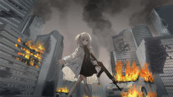 Rule 34 | 1girl, :d, ak-12, assault rifle, black shirt, black skirt, brown pantyhose, building, burning, burning building, car, character request, chihuri, collared shirt, damaged, fire, grey eyes, grey hair, gun, highres, holding, holding gun, holding weapon, jacket, kalashnikov rifle, long sleeves, looking at viewer, motor vehicle, one side up, open clothes, open jacket, open mouth, outdoors, pantyhose, rifle, shirt, skirt, skyscraper, smile, smoke, solo, vocaloid, weapon, white jacket