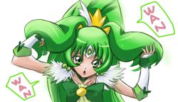 Rule 34 | 10s, 1girl, arudebido, big hair, choker, cure march, dress, earrings, english text, eyelashes, green eyes, green hair, green theme, hair ornament, ruffling hair, jewelry, long hair, looking at viewer, magical girl, matching hair/eyes, midorikawa nao, open mouth, ponytail, precure, ribbon, simple background, sketch, smile, smile precure!, solo, tiara, tri tails, very long hair, white background, wrist cuffs