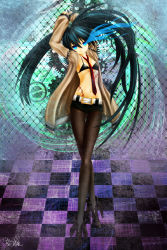 Rule 34 | 1girl, 5pb., ankle boots, arms up, bikini, bikini top only, bikini under clothes, black hair, black pantyhose, black rock shooter, black rock shooter (character), blue eyes, boots, cosplay, creator connection, crossover, glowing, glowing eyes, highres, libus, long hair, makise kurisu, makise kurisu (cosplay), midriff, navel, necktie, nitroplus, pantyhose, pantyhose under shorts, scar, science adventure, shorts, solo, steins;gate, swimsuit, twintails