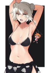 Rule 34 | 2girls, absurdres, ahoge, angry, armpits, arms up, bdsm, black background, bondage, border, bound, breasts, collarbone, fate/grand order, fate (series), fujimaru ritsuka (female), groin, hair bun, highres, jeanne d&#039;arc alter (avenger) (fate), jeanne d&#039;arc alter (fate), jitome, kuronami616, looking at viewer, lowleg, medium breasts, midriff, multiple girls, navel, open mouth, outside border, riyo (lyomsnpmp) (style), sarong, simple background, solo focus, sweat, swimsuit, v-shaped eyebrows, white border