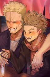 Rule 34 | 2boys, arm around shoulder, blonde hair, blush, boku no hero academia, booth seating, bubaigawara jin, cigarette, collared shirt, cup, drinking glass, ear piercing, earrings, closed eyes, facial hair, facial mark, feathered wings, feathers, goatee, grin, hand on glass, hawks (boku no hero academia), holding, holding cigarette, hood, hood down, hoodie, indoors, jacket, jewelry, laughing, male focus, mm39572, multiple boys, open mouth, piercing, red feathers, red wings, scar, scar on face, scar on forehead, shirt, short hair, smile, stubble, stud earrings, teeth, white shirt, wings, yellow eyes