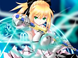 Rule 34 | 1girl, absurdres, artoria pendragon (fate), bare shoulders, blonde hair, breasts, caliburn (fate), capcom, detached sleeves, dress, fate/stay night, fate/unlimited codes, fate (series), female focus, gauntlets, glyph, green eyes, hair ribbon, highres, nagirin, ponytail, ribbon, saber (fate), saber lily, sheath, solo, sword, unsheathing, weapon