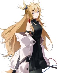Rule 34 | 1girl, absurdres, antenna hair, arknights, black dress, black pantyhose, blonde hair, china dress, chinese clothes, cowboy shot, dragon horns, dress, highres, horns, jacket, joshua (shisanli934), leizi (arknights), long hair, off shoulder, open clothes, open jacket, pantyhose, pointy ears, purple eyes, simple background, sketch, sleeveless, sleeveless dress, solo, tail, white background, white jacket