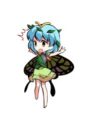 Rule 34 | 1girl, ^^^, antennae, aqua hair, barefoot, brown eyes, butterfly wings, chibi, dairi, dress, eternity larva, fairy, full body, green dress, hair between eyes, insect wings, leaf, leaf on head, multicolored clothes, multicolored dress, open mouth, short hair, short sleeves, single strap, solo, spread legs, standing, tachi-e, touhou, transparent background, wings