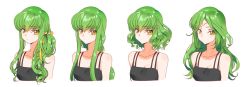 Rule 34 | 1girl, alternate hairstyle, bare shoulders, black dress, breasts, c.c., cleavage, closed mouth, code geass, creayus, dress, facial mark, forehead mark, green hair, hair ornament, hairclip, long hair, looking at viewer, medium breasts, multiple views, parted bangs, short hair, side ponytail, simple background, upper body, white background, yellow eyes