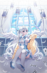 Rule 34 | 1girl, absurdres, angel wings, aqua eyes, beak, bird, blue bird, blue ribbon, blue sky, bookshelf, buttons, card, character request, closed mouth, cloud, cloudy sky, copyright request, drill hair, falling feathers, feathers, hair ribbon, highres, hyunnim01, indoors, intravenous drip, knees up, long hair, long sleeves, looking to the side, mary janes, neckerchief, overalls, playing card, ribbon, shirt, shoes, sidelocks, sitting, sky, solo, thigh strap, thighhighs, twintails, vignetting, white feathers, white hair, white neckerchief, white shirt, white thighhighs, window, wings