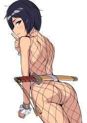 Rule 34 | 1girl, aegis (nerocc), ass, back, bare shoulders, black hair, blue eyes, blush, bodysuit, closed mouth, commentary request, cowboy shot, dutch angle, expressionless, fishnet bodysuit, fishnets, from behind, highres, index finger raised, looking at viewer, looking back, mochizuki azami, profile, sakura taisen, sheath, sheathed, shin sakura taisen, simple background, solo, sword, tassel, weapon, weapon on back, white background, wrist cuffs