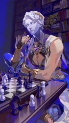Rule 34 | 1boy, absurdres, bishop (chess), black gloves, board game, bookshelf, chess, chess piece, dr. ratio (honkai: star rail), elbow on table, fingerless gloves, gloves, highres, holding chess piece, honkai: star rail, honkai (series), indoors, king (chess), kiwo20000, knight (chess), male focus, muscular, muscular male, pawn (chess), pectoral cleavage, pectorals, queen (chess), rook (chess), sandals, sitting, solo