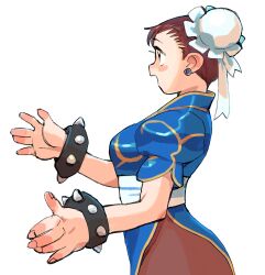 Rule 34 | 1girl, blue dress, blush stickers, bracelet, breasts, brown eyes, brown hair, brown pantyhose, bun cover, capcom, china dress, chinese clothes, chun-li, dress, earrings, from side, gan2, hair bun, hair ribbon, highres, jewelry, medium breasts, open hands, open mouth, pantyhose, profile, puffy short sleeves, puffy sleeves, ribbon, sash, short sleeves, solo, spiked bracelet, spikes, street fighter, street fighter ii (series), stud earrings, upper body, white background, white ribbon, white sash, wide hips
