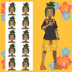 Rule 34 | 1boy, :d, asatsuki (fgfff), backpack, bag, black shirt, clenched hand, closed eyes, collarbone, commentary request, creatures (company), dark-skinned male, dark skin, expression chart, floral background, floral print, game freak, green hair, hand up, hau (pokemon), highres, holding, holding poke ball, male focus, multiple views, nintendo, open mouth, orange bag, orange footwear, orange shorts, poke ball, poke ball (basic), pokemon, pokemon sm, shirt, shoes, short hair, short ponytail, short sleeves, shorts, smile, standing, teeth, tongue, upper teeth only