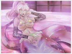 Rule 34 | 1990s (style), 1girl, bed, bikini, bikini top lift, breasts, bridal gauntlets, censored, chrono (series), chrono trigger, clothes lift, condom, forked tongue, lamia, large breasts, looking at viewer, lying, micro bikini, monster girl, naga (chrono trigger), nipples, on back, pink hair, pointy ears, presenting, pussy, retro artstyle, solo, source request, spread pussy, square enix, swimsuit, tongue, tongue out, un do, used condom, yellow eyes