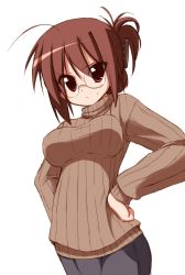 Rule 34 | &gt;:(, 1girl, ahoge, annoyed, brown hair, frown, glasses, hands on own hips, hoppege, impossible clothes, impossible sweater, original, red eyes, ribbed sweater, shirt, simple background, solo, sweater, turtleneck, v-shaped eyebrows