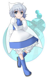 Rule 34 | 1girl, blue eyes, boots, closed mouth, dress, female focus, full body, letty whiterock, long sleeves, looking at viewer, rubber boots, short hair, silver hair, simple background, smile, solo, touhou, walking, wapokichi, white background, white dress