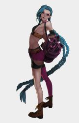 Rule 34 | 1girl, blue hair, braid, bullet, eyeshadow, fingerless gloves, full body, gloves, jewelry, jinx (league of legends), league of legends, long hair, looking at viewer, maburote, makeup, necklace, pink eyes, short shorts, shorts, smile, solo, twin braids, very long hair, weapon