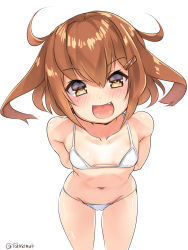 Rule 34 | 1girl, alternate costume, bikini, brown eyes, brown hair, collarbone, commentary request, cowboy shot, flat chest, hair ornament, hairclip, highres, ikazuchi (kancolle), kantai collection, leaning forward, looking at viewer, navel, short hair, simple background, solo, swimsuit, takase muh, twitter username, white background, white bikini