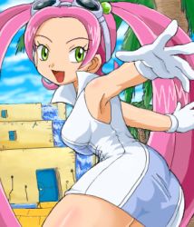 Rule 34 | 00s, 1girl, armpits, breasts, cloud, cowboy shot, creatures (company), dress, game freak, gloves, goggles, goggles on head, green eyes, happy, leaning forward, legs together, long hair, looking at viewer, looking to the side, lovrina (pokemon), lowres, medium breasts, nintendo, outdoors, outstretched arms, pink hair, pokemoa, pokemon, pokemon xd, short dress, skin tight, sky, sleeveless, sleeveless dress, smile, solo, standing, tree, very long hair, water, waterfall, white gloves