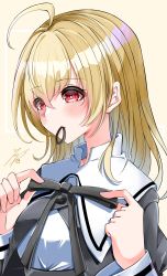 Rule 34 | 1girl, absurdres, adjusting clothes, adjusting neck ribbon, ahoge, andou tazusa, artist name, assault lily, black ribbon, blonde hair, blush, breasts, buttons, closed mouth, commentary request, cropped jacket, crossed bangs, hair between eyes, hair down, hair tie, hair tie in mouth, hands up, highres, juliet sleeves, long hair, long sleeves, looking away, medium breasts, mouth hold, neck ribbon, puffy sleeves, red eyes, ribbon, school uniform, shirt, sign, solo, upper body, white shirt, ya-man, yellow background, yurigaoka girls academy school uniform