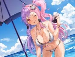Rule 34 | 1girl, ;p, absurdres, ahoge, beach, beach umbrella, bikini, blue sky, bracelet, breasts, bubble tea, cleavage, closed mouth, collarbone, cowboy shot, cup, day, front-tie bikini top, front-tie top, hair ornament, halterneck, highres, holding, holding cup, indie virtual youtuber, jewelry, looking at viewer, lunacle, mayoi (vtuber), mole, mole on breast, multicolored hair, navel, necklace, o-ring, o-ring bikini, ocean, one eye closed, outdoors, pink hair, ponytail, purple hair, red eyes, sand, sidelocks, sky, solo, string bikini, swimsuit, tongue, tongue out, two-tone hair, umbrella, virtual youtuber, water, wet, wet clothes, wet swimsuit