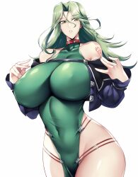 Rule 34 | 1girl, bare shoulders, breasts, collar, dress, female focus, green dress, green eyes, green hair, haganef, highres, huge breasts, impossible clothes, impossible dress, jacket, lamia loveless, looking to the side, open clothes, open jacket, open mouth, purple jacket, red collar, shoulder tattoo, solo, super robot wars, super robot wars original generation, tattoo, tight clothes, tight dress, upper body, wide hips