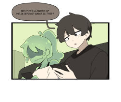 Rule 34 | 1boy, 1girl, bare shoulders, black eyes, black hair, black shirt, breasts, colored skin, colored speech bubble, english text, gomulgong, green skin, indoors, medium breasts, monster girl, open mouth, original, partially shaded face, ponytail, shirt, slime (substance), slime girl, slime girl (gomulgong), speech bubble, white shirt