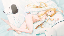 Rule 34 | 1girl, animal ear fluff, animal ears, arms up, barefoot, bed sheet, blonde hair, breasts, closed eyes, closed mouth, collarbone, commission, completely nude, feet, fieryonion, fox ears, full body, highres, large breasts, legs, long hair, long sleeves, lying, naked shirt, navel, nude, on bed, on side, open clothes, open shirt, original, panties, parted bangs, pillow, shirt, sleeping, solo, stuffed animal, stuffed dog, stuffed toy, toes, underwear, unworn panties, very long hair, white panties, white shirt