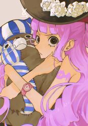 Rule 34 | 1girl, arm tattoo, blunt bangs, commentary request, drill hair, flower, hat, highres, holding, holding stuffed toy, kumacy, long hair, looking at viewer, mask, mouth mask, one piece, perona, pink hair, rose, sidelocks, simple background, stuffed toy, tattoo, top hat, vasan5555, watch, white flower, white rose, wristwatch