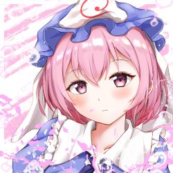 Rule 34 | 1girl, blue dress, blue headwear, border, bubble, commentary, dress, expressionless, highres, long sleeves, looking at viewer, pink eyes, pink hair, pink stripes, saigyouji yuyuko, shirotsuki shirone, short hair, solo, striped, striped background, touhou, white border