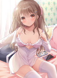 Rule 34 | 1girl, bag, bed, bra, breasts, brown eyes, brown hair, cellphone, closed mouth, collarbone, commentary request, curtains, dress shirt, frilled bra, frilled pillow, frills, hair between eyes, hair ornament, hair scrunchie, hairclip, highres, indoors, long hair, long sleeves, looking at viewer, nintendo switch, on bed, original, phone, pillow, pink bra, sakura (ichisakupink), school bag, scrunchie, shirt, sitting, small breasts, smartphone, smartphone case, solo, thighhighs, twintails, underwear, white shirt, white thighhighs