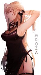 Rule 34 | 1girl, armpits, arms behind head, bad id, bad pixiv id, black dress, black gloves, black thighhighs, blonde hair, breasts, character name, cizzi, cleavage, cowboy shot, dress, garter straps, girls&#039; frontline, glint, glove in mouth, gloves, hair ribbon, highres, jewelry, light particles, long hair, looking at viewer, mole, mole on breast, mouth hold, necklace, official alternate costume, orange eyes, ots-14 (girls&#039; frontline), ots-14 (sangria succulent) (girls&#039; frontline), ribbon, sidelocks, simple background, skindentation, solo, thighhighs, thighs, very long hair, white background