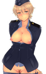 Rule 34 | 10s, 1girl, black pantyhose, brave witches, breasts, breasts out, brown hair, cleavage, em (totsuzen no hakike), female pubic hair, garrison cap, grey eyes, hat, medium breasts, military, military uniform, naughty face, nipples, no bra, open clothes, open shirt, pantyhose, pubic hair, pussy, shirt, short hair, simple background, smile, solo, standing, strike witches, uncensored, undressing, uniform, waltrud krupinski, white background, world witches series