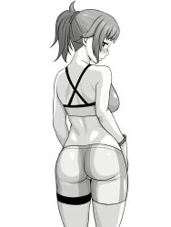 1girl ass bike_shorts blush breasts flustered from_behind gundam gundam_build_fighters gundam_build_fighters_try high_ponytail highres hoshino_fumina large_breasts looking_at_viewer looking_back midriff monochrome parted_lips ponytail sideboob solo sports_bra thighs yanagi_hirohiko