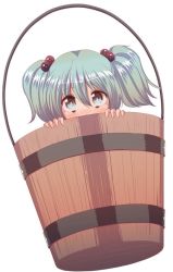 Rule 34 | 1girl, bad id, bad pixiv id, blush, braid, bucket, cream (nipakupa), female focus, green hair, grey eyes, hair bobbles, hair ornament, in bucket, in container, kisume, looking at viewer, simple background, solo, touhou, twin braids, white background