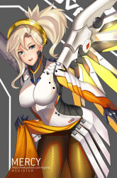 Rule 34 | 1girl, blonde hair, blue eyes, breasts, clothes lift, halo, high ponytail, mechanical halo, mechanical wings, mercy (overwatch), negister, overwatch, overwatch 1, pantyhose, skirt, skirt lift, solo, swiss flag, wings, yellow wings