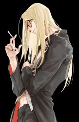 Rule 34 | 1boy, black background, black jacket, black nails, black pants, blonde hair, blue eyes, cigarette, fate/grand order, fate (series), flapper shirt, from below, from side, highres, holding, holding cigarette, jacket, jewelry, long hair, looking at viewer, male focus, midriff, midriff peek, necklace, open clothes, open jacket, orange-tinted eyewear, pants, profile, shirt, simple background, smile, solo, sunglasses, tezcatlipoca (fate), tinted eyewear, washblackmud, white shirt