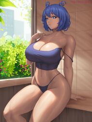 Rule 34 | 1girl, absurdres, bikini, blue eyes, blue hair, boku no hero academia, breasts, cleavage, curvy, hadou nejire, highres, huge breasts, large breasts, short hair, sideboob, skimpy clothes, solo, superbusty, swimsuit, thick thighs, thighs, wide hips