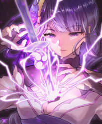 Rule 34 | 1girl, black background, braid, breasts, bridal gauntlets, cleavage, commentary request, electricity, energy sword, flower, genshin impact, hair ornament, highres, human scabbard, japanese clothes, kimono, large breasts, long hair, mitsudomoe (shape), obi, obiage, open mouth, purple eyes, purple flower, purple hair, raiden shogun, ribbon, sana0925, sash, simple background, solo, sword, tassel, tomoe (symbol), weapon