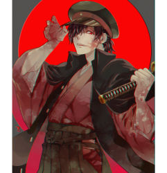 Rule 34 | 1boy, alternate costume, alternate hairstyle, black hair, fate/grand order, fate (series), fu yukari, hair over one eye, hat, holding, holding weapon, jacket, jacket on shoulders, japanese clothes, katana, kimono, koha-ace, long hair, looking at viewer, male focus, moon, okada izou (fate), police hat, red eyes, red moon, solo, sword, weapon