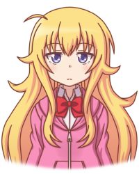 Rule 34 | 10s, 1girl, ahoge, arms at sides, blonde hair, blouse, bow, bowtie, collared shirt, frown, gabriel dropout, gabriel tenma white, long hair, messy hair, mugen ouka, red bow, red bowtie, shirt, simple background, solo, upper body, white background, white shirt
