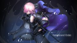 Rule 34 | 1girl, armor, armored dress, artist name, ass, black armor, black dress, black leotard, breasts, cape, closed mouth, copyright name, dress, fate/grand order, fate (series), faulds, gauntlets, greaves, hair over one eye, highres, large breasts, leotard, light purple hair, looking at viewer, magicians (zhkahogigzkh), mash kyrielight, purple cape, purple eyes, shield, short hair, solo, sword, waist cape, weapon