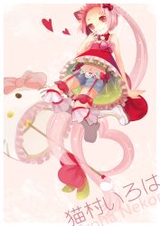 Rule 34 | 1girl, animal ears, bare shoulders, boots, bow, cat ears, forehead, frills, from below, hair ribbon, hand to own mouth, heart, hello kitty, hello kitty to issho!, highres, issign, knee boots, long hair, looking down, midriff, navel, nekomura iroha, pink hair, ponytail, red eyes, ribbon, sanrio, shorts, sleeveless, smile, solo, thighhighs, umbrella, very long hair, vocaloid