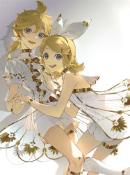 Rule 34 | 1boy, 1girl, ahoge, bangle, blonde hair, blue eyes, bow, bracelet, brother and sister, feet out of frame, gradient background, hair between eyes, hair bow, hair ornament, hairclip, halterneck, highres, holding hands, jewelry, kagamine len, kagamine rin, looking at viewer, low ponytail, medium hair, open mouth, pearl hair ornament, shirt, short shorts, short sleeves, shorts, siblings, smile, swept bangs, teeth, thigh strap, upper teeth only, vocaloid, white background, white footwear, white shirt, white shorts, xiaojiaju, yellow theme